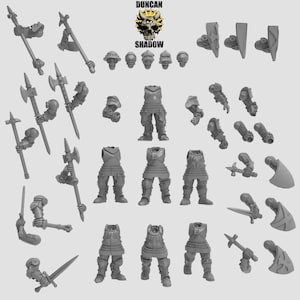 Può includere: Una collezione di miniature fantasy non dipinte e accessori, tra cui armature, armi ed elmi. Le figure sono in varie pose e sono progettate per giochi da tavolo o progetti di hobby. L'immagine include il testo "DUNCAN SHADOW".