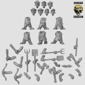 May include: A collection of miniature figurines and accessories, including heads, torsos, arms, and tools. The figurines are in various poses and are designed for tabletop gaming or model building. The image also includes the text "DUNCAN SHADOW".