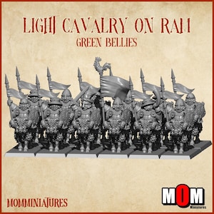 May include: A group of gray miniature figures, labeled "LIGHT CAVALRY ON RAM GREEN BELLIES," are arranged on a rectangular base. Each figure is armored and holds a spear or flag. The image includes the text "MOMMINIATJURES" and a logo.