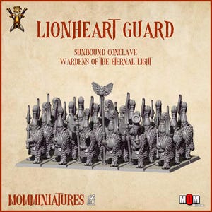 May include: A set of grey plastic miniature figures titled LIONHEART GUARD, SUNBOUND CONCLAVE, WARDENS OF THE ETERNAL LIGHT. The figures are arranged in a formation, wearing textured armor and tall helmets, holding polearms and a standard.