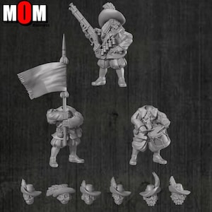 May include: A set of three grey unpainted miniature figures including a soldier holding a musket, a soldier holding a flag, and a soldier playing a drum. Six separate head pieces with feathered hats are included at the bottom of the image.