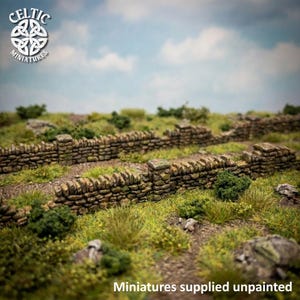 Op de afbeelding: Een miniatuur diorama met twee parallelle droge stenen muren opgebouwd uit kleine, getextureerde bruine stenen. De scène bevat stukken groen gras, kleine struiken en rotsachtig terrein. De tekst Celtic Miniatures staat in de linkerbovenhoek.