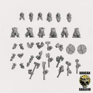 May include: A selection of unpainted miniature dwarf figurines and accessories. The set includes helmets, beards, torsos, arms, axes, hammers, and shields. The miniatures are made of a light grey material for tabletop gaming.