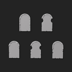 May include: Five grey, arched plaques with a distressed, weathered appearance. Each plaque has a rounded top with small, evenly spaced rivets. The bottom edges of the plaques are uneven, suggesting a worn or aged aesthetic.