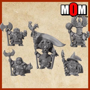 May include: A collection of five miniature fantasy figures, each in a different pose and holding various weapons or accessories. The figures are gray and appear to be made of plastic or resin. The figures include a knight, a wizard, and a warrior.