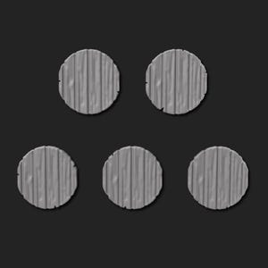 May include: Five gray, circular wooden coasters with a weathered, textured appearance. Each coaster features vertical wood grain lines, suggesting a rustic or vintage aesthetic. The coasters are arranged against a dark gray background.