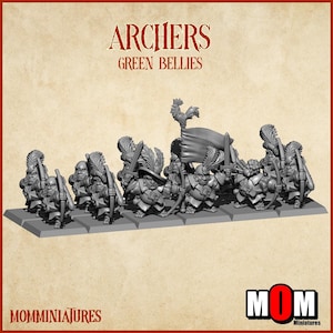 Puede incluir: Un grupo de arqueros en miniatura, con arcos y flechas, de pie sobre una base rectangular. Las figuras grises son detalladas, con cascos emplumados y armaduras. El texto "ARCHERS GREEN BELLIES" se muestra encima.