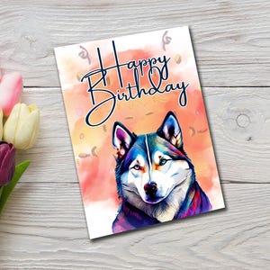 Joyeux anniversaire Husky, carte de voeux - Design coloré Husky sibérien, téléchargement numérique, carte d'anniversaire