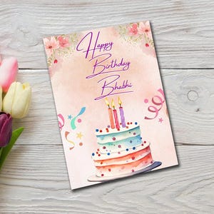 Joyeux anniversaire, bhabhi, carte de voeux - gâteau d'anniversaire coloré et design floral, téléchargement numérique, carte d'anniversaire, gujarati