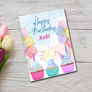 Joyeux anniversaire Kaki, carte de voeux - ballons colorés et conception de petits gâteaux, téléchargement numérique, carte d'anniversaire, gujarati