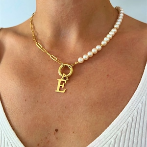 Pearl Initial Necklace, Half Pearl Half Paperclip Chain Necklace, Toggle Clasp Pearl Necklace, Pearl Letter Necklace, Gold Pearl Necklace