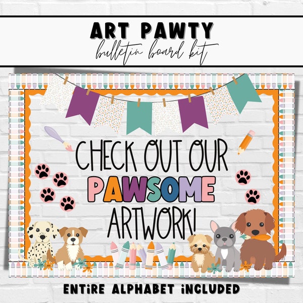 Art Display Dog Back to School Bulletin Board Kit | Easy and Modern Classroom Decorations | Bulletin Board Kit for Art Room | Editable Kit