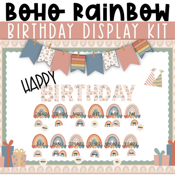 Boho Rainbow Classroom Birthday Display | Rustic Boho Classroom Decor | Modern Classroom | Class Birthday Board | Editable Birthday Display