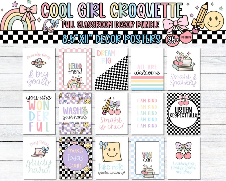 Pu&ograve; includere: Una collezione di poster decorativi per la classe con colori pastello e simpatiche illustrazioni. I poster presentano frasi come "Hello Friend" e "You are Wonderful". Lo striscione in alto recita "COOL GIRL CROQUETTE".