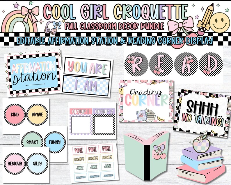 Pu&ograve; includere: Una collezione di elementi decorativi per la classe con una palette di colori pastello. L'immagine include cartelli con testo come "Affirmation Station", "You Are I Am" e "Reading Corner". Ci sono anche etichette circolari con parole come "Kind" e "Brave".
