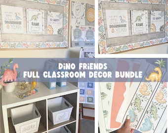 Paquete de decoración editable de dinosaurios para aulas / Decoración de aulas de primaria / Decoración de aulas modernas / Decoración de aulas bohemia con dinosaurios / Decoración de dinosaurios