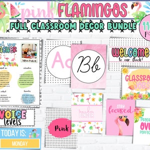 Flamingo Summer Theme Editable CLASSROOM DECOR Bundle | Elementary Classroom Decor | Modern Classroom Decor | Tropical Classroom Decor