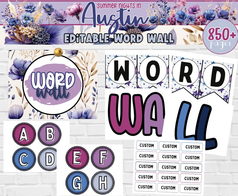 Pu&ograve; includere: Muro di parole stampabile modificabile con un design floreale. Il muro di parole include le lettere A-H, le parole "WORD" e "WALL", ed etichette personalizzabili. Il testo "Summer Nights in Austin" e "850+ Pagine" &egrave; incluso.