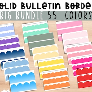 May include: A set of 55 printable bulletin board borders in various colors. The borders are in different styles, including solid, striped, and scalloped. The image shows a variety of colors, including pink, blue, green, yellow, and red.