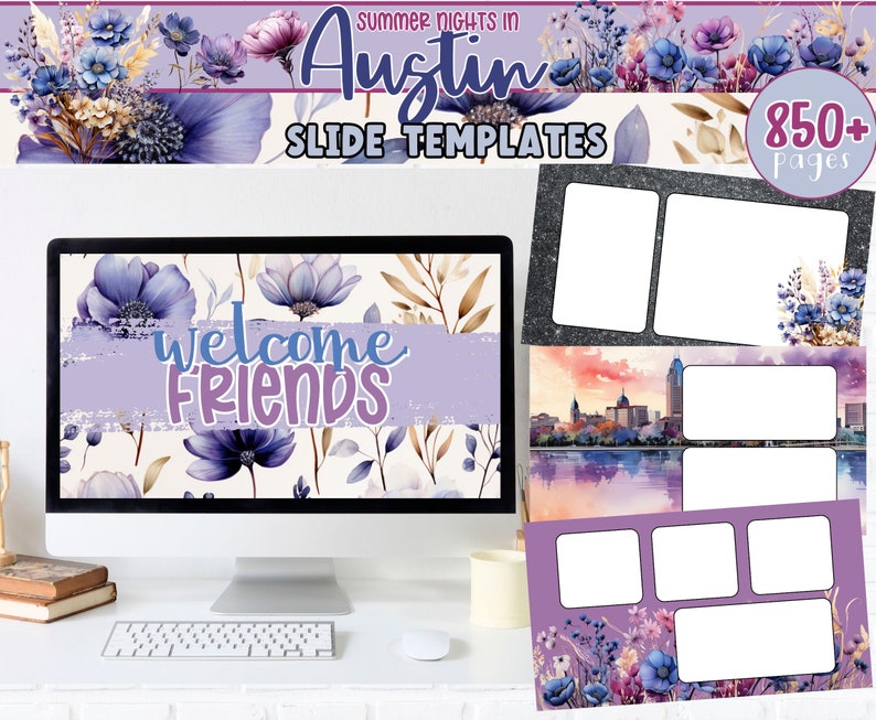 Pu&ograve; includere: Un monitor di computer che mostra un design floreale viola con il testo "Welcome Friends". Il monitor &egrave; su una scrivania con una tastiera e un mouse. Ci sono tre pagine di planner digitale stampabili con disegni floreali e caselle vuote. Il testo "Summer Nights in Austin Slide Templates 850+ Pages" &egrave; nella parte superiore dell'immagine.