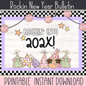 Rockin&#39; New Year Bulletin Board Kit | Printable Groovy Bulletin Borders | Bulletin Board Kit for January | New Year Theme