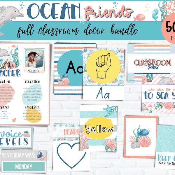 Ocean Sea Life Editable CLASSROOM DECOR Bundle | Elementary Classroom Decor | Modern Classroom Decor | Calm DIY Classroom Decor Bundle