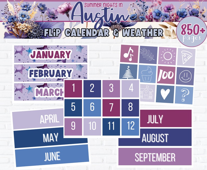 Pu&ograve; includere: Adesivi stampabili per calendario e meteo, di colore viola e blu, con accenti floreali. Il calendario comprende i mesi da gennaio a settembre e i numeri da 1 a 12. Gli adesivi meteorologici includono icone per la musica, una foglia, un sole, una fetta di pizza, un albero di Natale, un cupcake, un cuore, un punto interrogativo, una scuola e un viso sorridente.