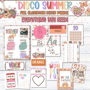 Disco Summer Theme Editable CLASSROOM DECOR Bundle | Elementary Classroom Decor | Bright Groovy Classroom Decor | Cute Classroom Decor