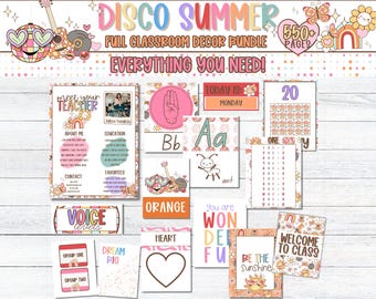 Disco Sommer Thema bearbeitbar KLASSENZIMMER DEKOR Bundle | Elementare Klassenzimmer Dekor | Helles Groovy Klassenzimmer Dekor | Niedliches Klassenzimmer Dekor