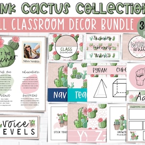PINK Cactus KLASSENZIMMER Dekor Komplettes Bündel Treffen mit dem Lehrer | Formen | ABC´s | Affirmation Station | Geburtstag| Stellen & Sprach-Pegel-Anzeigen