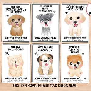 Cartões de Dia dos Namorados para impressão com tema animal de estimação. Cartões editáveis dos namorados da sala de aula do filhote de cachorro. Cartões de dia dos namorados Kawaii Dog DIY para colegas de classe.