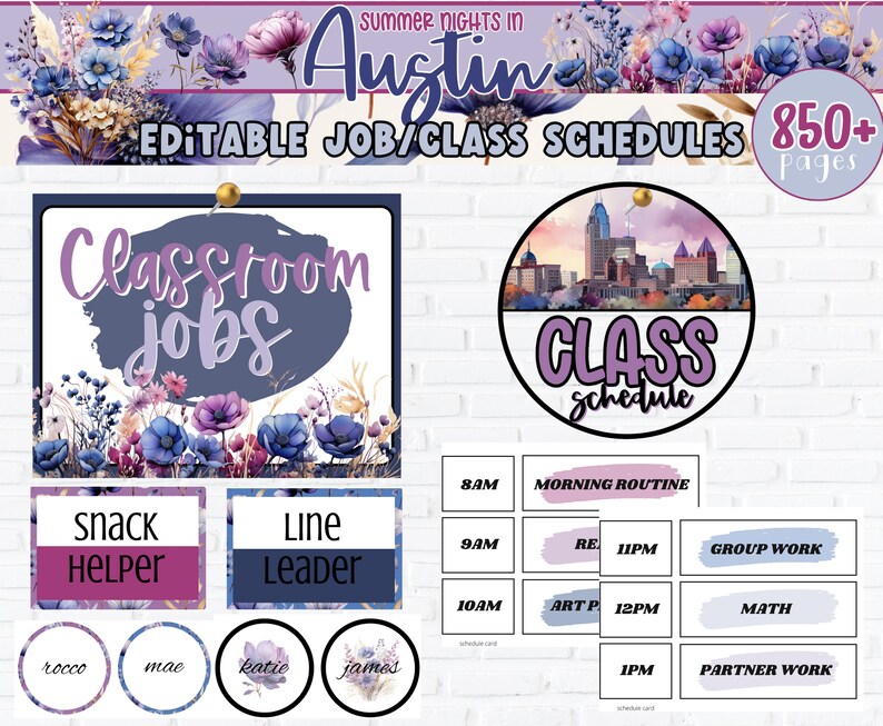 Pu&ograve; includere: Modelli di lavoro e orari di classe per l'aula modificabili con un design floreale. I modelli presentano uno schema di colori viola e blu con un effetto acquerello. Il testo "Classroom Jobs" e "Class Schedule" &egrave; presente sui modelli.