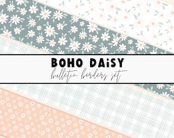 Bloemenneutrale Boho-madeliefje en bloemenprikbordranden. Kleurrijke afdrukbare klasrand. DIY-decor in de klas. Prikbord DIY.