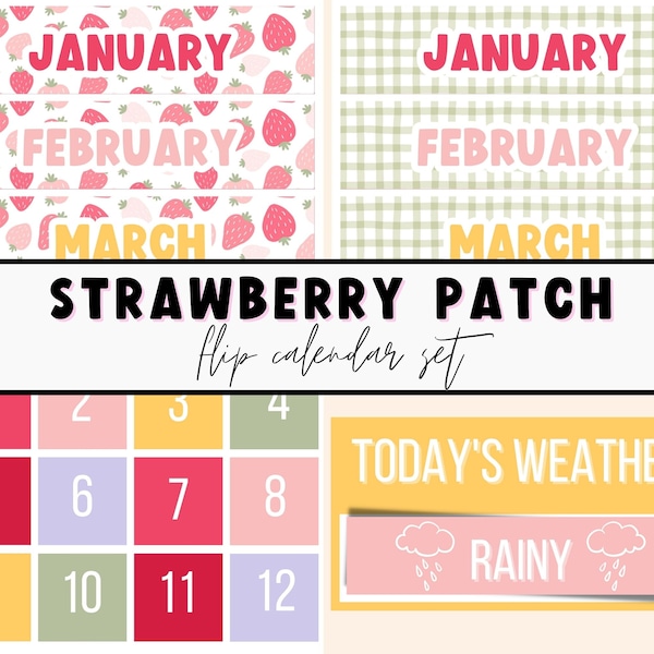Strawberry classroom decor. Strawberry Printable Calendar. Weather Display. Classroom Display.  Bulletin Board. Easy Classroom Decor