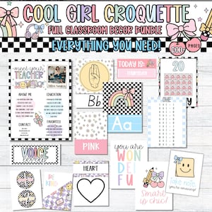 Pu&ograve; includere: Un pacchetto di decorazioni per la classe con il testo "COOL GIRL CROQUETTE" e "EVERYTHING YOU NEED!". Il pacchetto include vari elementi stampabili come un profilo dell'insegnante, un calendario, schede dell'alfabeto e note motivazionali. Lo schema dei colori &egrave; pastello con disegni arcobaleno e faccine.