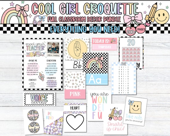 Cool Girl Croquette Theme Editable CLASSROOM DECOR Bundle | Elementary Decor | Feminine Classroom Decor | Cherry and Bow Classroom Decor