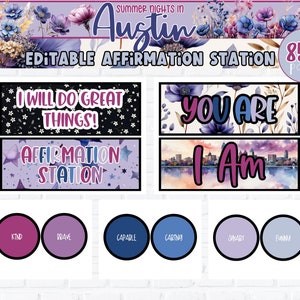 Pu&ograve; includere: Stazione di affermazioni modificabile con oltre 850 pagine. L'immagine mostra quattro striscioni di affermazioni con disegni floreali e di paesaggi urbani. Gli striscioni includono il testo "Far&ograve; grandi cose!" "Tu sei" "Io sono" e "Stazione di affermazioni". L'immagine mostra anche sei cerchi colorati con le parole "Gentile", "Coraggioso", "Capace", "Premuroso", "Intelligente" e "Divertente".