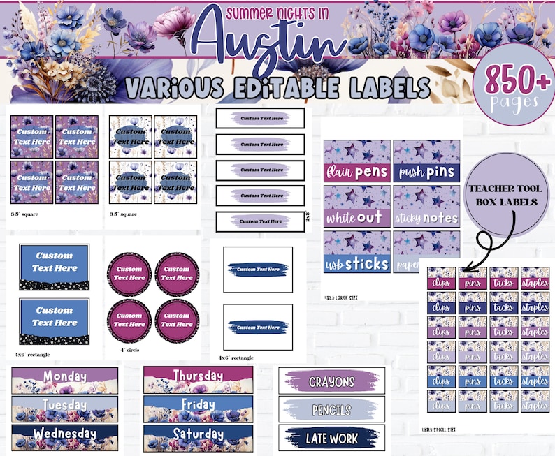 Pu&ograve; includere: Un set di etichette stampabili per l'organizzazione della classe. Le etichette presentano un design floreale con colori blu, viola e bianco. Le etichette includono varie categorie come "penne colorate", "puntine da disegno", "bianchetto", "post-it", "stick di colla", "carta", "graffette", "puntine da disegno", "puntine da disegno", "graffette", "matite colorate", "matite" e "lavoro in ritardo". Le etichette sono modificabili e disponibili in una variet&agrave; di dimensioni. Il testo "Summer Nights in Austin" e "850+ pagine" &egrave; incluso anche nell'immagine.