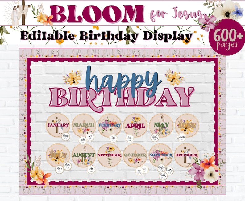Puede incluir: Un tablero de anuncios de cumplea&ntilde;os imprimible con un fondo de ladrillo blanco y detalles florales. El tablero presenta una pancarta rosa y azul que dice "Feliz cumplea&ntilde;os" y doce c&iacute;rculos mensuales con dise&ntilde;os florales y los nombres de cada mes. El tablero est&aacute; dise&ntilde;ado para un aula o un entorno religioso.