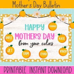 Mother&#39;s Day Cuties Editable Bulletin board kit printable. Mom&#39;s Day Bulletin Kit. May themed bulletin board kit. Easy Class Decor DIY.