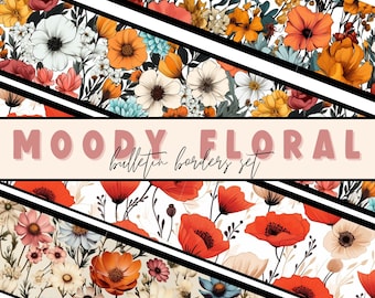 Bloemen donkere Boho Bulletin Board-randen. Kleurrijke afdrukbare klasrand. DIY-decor in de klas. Prikbord DIY