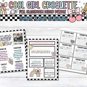 Pu&ograve; includere: Un pacchetto di decorazioni per la classe con il testo "COOL GIRL CROQUETTE" e "EDITABLE TEACHER STATIONARY". Il pacchetto include un foglio "Meet Your Teacher", una newsletter della classe e biglietti di note dell'insegnante, il tutto con un design colorato e giocoso.