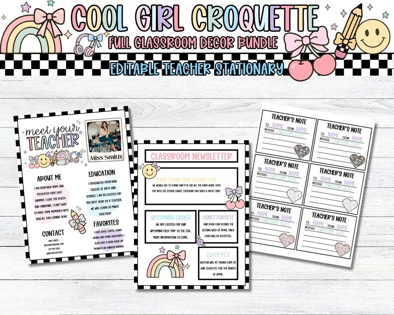 Pu&ograve; includere: Un pacchetto di decorazioni per la classe con il testo "COOL GIRL CROQUETTE" e "EDITABLE TEACHER STATIONARY". Il pacchetto include un foglio "Meet Your Teacher", una newsletter della classe e biglietti di note dell'insegnante, il tutto con un design colorato e giocoso.