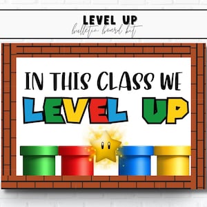 Level Up kleurrijke bulletinboardkit voor dagelijkse bevestiging | Afdrukbaar VIDEOGAMEBULLETIN Jaarthema | Modern klaslokaal