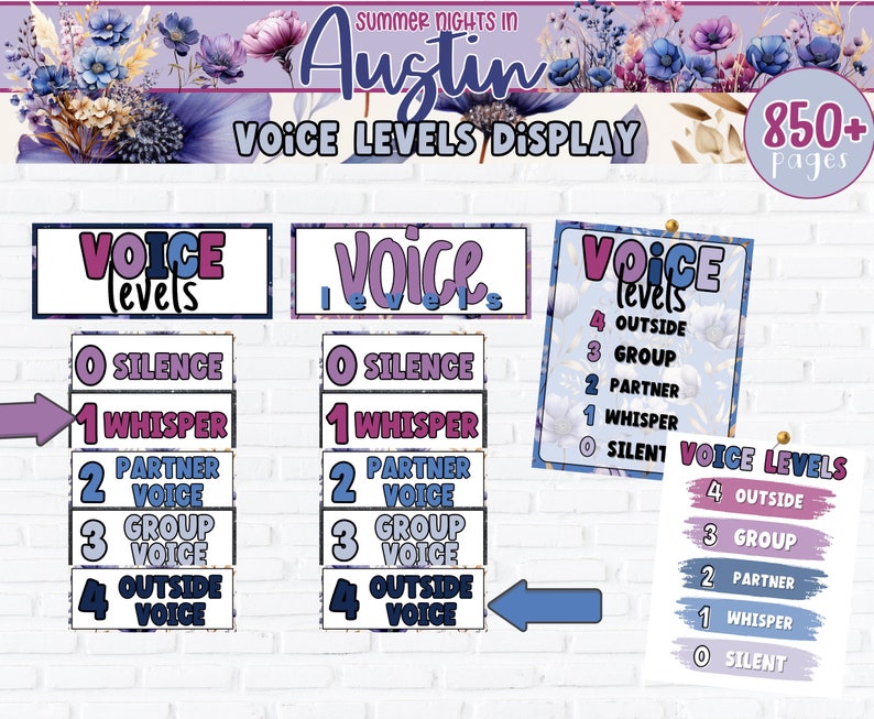 Pu&ograve; includere: Un set di quattro grafici di livello di voce con un design floreale. I grafici sono etichettati con i seguenti livelli: 0 Silenzio, 1 Sussurro, 2 Voce di partner, 3 Voce di gruppo e 4 Voce esterna.