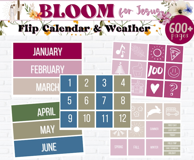 Puede incluir: Un calendario de bolsillo y un rastreador del tiempo imprimibles con un dise&ntilde;o floral. El calendario incluye los meses de enero a junio con los n&uacute;meros del 1 al 12. El rastreador del tiempo incluye iconos para el sol, la lluvia, la nieve y otras condiciones clim&aacute;ticas. El texto "BLOOM for Jesus" est&aacute; en la parte superior de la imagen. El texto "600+ Pages" est&aacute; en la parte superior derecha de la imagen.