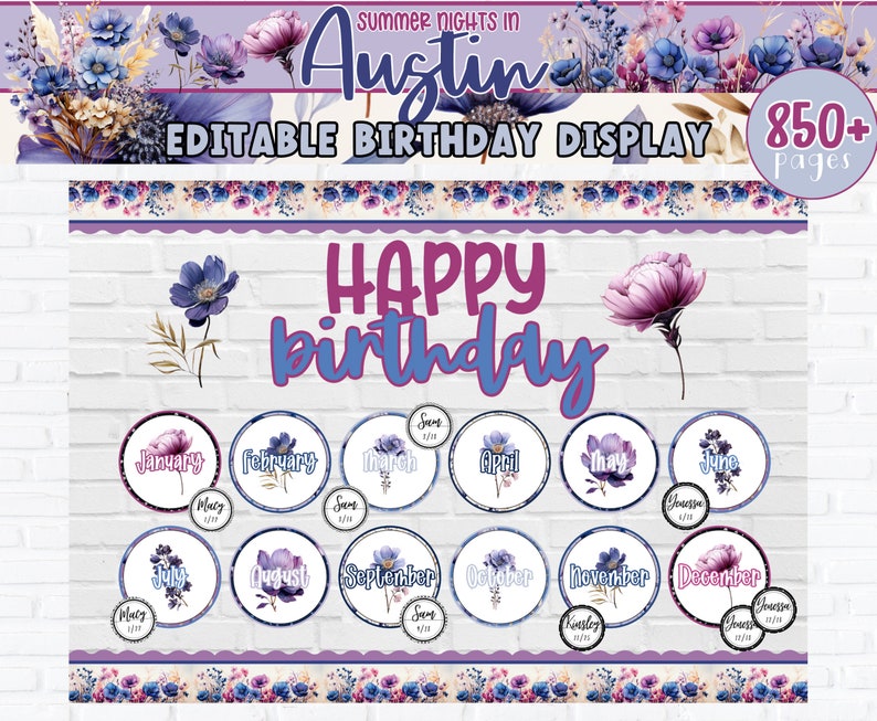 Pu&ograve; includere: Display di compleanno modificabile con un tema floreale viola e blu. Il display presenta uno striscione con il testo "Summer Nights in Austin" e un cartello che dice "Happy Birthday". Ci sono 12 cerchi con i mesi dell'anno e disegni floreali.