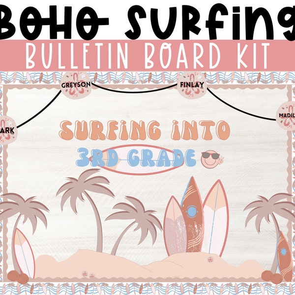 Groovy Boho Welcome to School Surfing Theme Editable Bulletin Board Kit | Modern Classroom | Bulletin Board Kit for Summer | Beach Theme