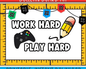 Gamer Video Classroom | Work hard Play Hard | Printable VIDEO GAME BULLETIN Year Theme