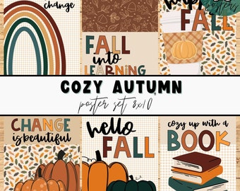Könnte beinhalten: Ein Satz von zehn 20x25 cm großen Postern zum Thema Herbst. Die Poster zeigen herbstbezogene Sätze und Bilder, darunter Kürbisse, Blätter und Kaffeetassen. Die Farbpalette umfasst Orange, Braun, Grün und Creme.